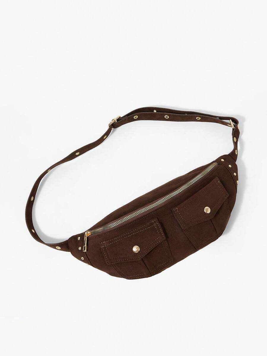 Viva Strut Women's Fashionable Simple Casual Street Retro Coffee Suede Gold Rivet Multi-Bag Design Waist/Chest Bag, Daily Shopping School - Coffee - View 1