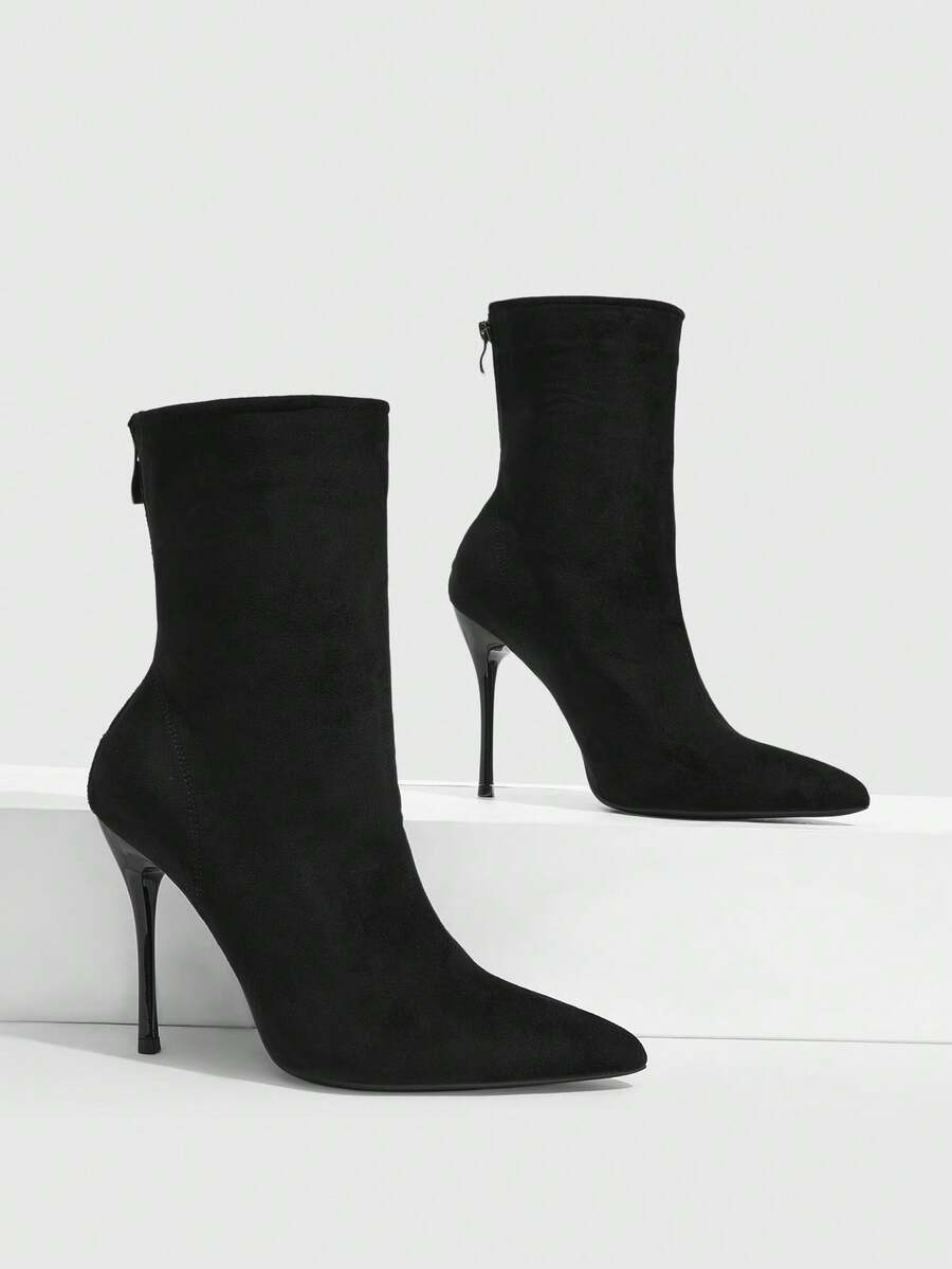 CUCCOO SZL Black Suede Back Zipper Pleated Pointed Stiletto Boots, Gentle Commute - Black - View 1