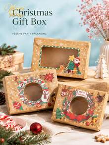 Muroi Mono A Set Of 3 Christmas Window Boxes, Kraft Paper With Transparent Window Design, Warm Retro Christmas Style, For Cookie Baking Packaging And Holiday Gift Storage. - View 6