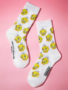 LOONEY TUNES X SHEIN 1雙女款格紋卡通圖案可愛筒襪 - 白色 - 查看 2