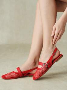 Styleloop Outdoor Women's Square Toe Flat Bottom Mesh Fabric Fabric, Simple And Breathable Vacation Elastic Buckle Strap Fall Shoes - Rose Red - View 11