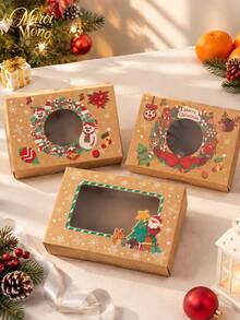 Muroi Mono A Set Of 3 Christmas Window Boxes, Kraft Paper With Transparent Window Design, Warm Retro Christmas Style, For Cookie Baking Packaging And Holiday Gift Storage. - View 8