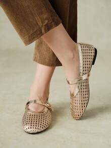 Styleloop Women Shoes French Minimalist Style Women Spring And Summer Commuting Hollowed Out Woven Single Metal Buckle Round Toe Low Vamp Breathable Fall Shoes - Gold - View 2