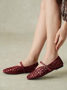 Styleloop Women's Multi-Color Hollow Carved Square Toe Mary Jane Shoes, Spring/Summer Style, Suitable For Commuting, Outdoor And Daily Wear Fall Shoes - Burgundy A - View 12