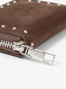 Viva Strut 1pc Ladies Fashion Personality Punk Y2K Street Vintage Deep Coffee Suede Rivet Short Wallet, Change Bag, Portable Wallet,  For Daily Travel - Coffee - View 5