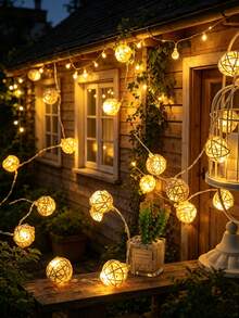 Teckwe 1 قطعة سلسلة أضواء LED بكرة الخيزران بطول 1.5/3/4.5 متر تعمل بالبطارية، تصميم كروي أضواء جنية LED، أضواء ديكور جدار غرفة النوم، ديكور غرفة الأطفال، سلسلة أضواء كرة منسوجة بيضاء دافئة لديكور شجرة عيد الميلاد، سلسلة أضواء ديكور خيمة التخييم - البيج الكرمة الكرة - مشاهدة 10