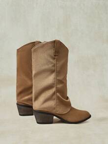 Styleloop Khaki Imitation Suede Pleated Flanged Western Cowboy Boots Pointed Toe Square Thick Heel Retro Stacked Medium Boots Autumn And Winter Fall Boots - Khaki - View 11