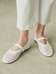 Styleloop Women Shoes French Minimalist Style Women Spring And Summer Commuting Hollowed Out Woven Single Metal Buckle Round Toe Low Vamp Breathable Fall Shoes - White - View 4