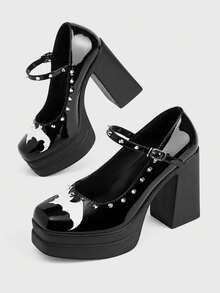 Sugerpunk Women Shoes Fashionable And Sexy Platform High-Heeled Shoes, Punk Gothic Solid Color Rivet Inlay Design, Bat Embroidery, Classic Party, Vacation Fall Shoes - Matte Black - View 7