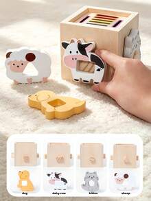 Montessori Wooden Activity Cube, Shape Sorting Toy With Animal Matching Color Sorting Sticks, Fine Motor Skills Educational Toy For Toddlers - Multicolor - View 5