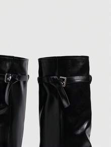CUCCOO SZL Ladies Black Autumn And Winter Pointed Stiletto Sleeve Stylish And Simple Daily Versatile Skinny Patent Leather Knee Boots - Black - View 5