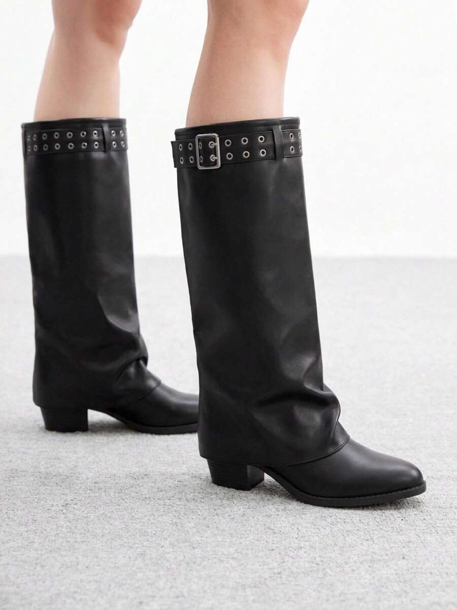 CUCCOO BIZCHIC 女款秋冬時尚小方頭粗跟黑色扣飾寬筒高筒長靴，簡約女鞋 - 黑色雙排扣 - 查看 1