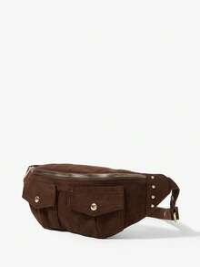 Viva Strut Women's Fashionable Simple Casual Street Retro Coffee Suede Gold Rivet Multi-Bag Design Waist/Chest Bag, Daily Shopping School - Coffee - View 3