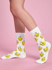 LOONEY TUNES X SHEIN 1雙女款格紋卡通圖案可愛筒襪 - 白色 - 查看 4