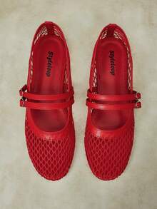 Styleloop 女款戶外圓頭平底布鞋，簡約透氣面料，雙扣帶設計，適合日常度假 - 紅色 - 查看 8