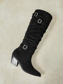 Styleloop Frosted-Faced Pointed-Toed Diagonal-Heeled High Boots Retro Punk Multi-Metallic Buckle Loose Calf Stacking Boots Fall Boots - Black - View 6