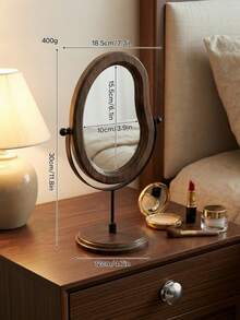 1Pc Asymmetrical Wavy Wooden Tabletop Makeup Mirror, Dark Brown Frame 360° Rotatable Desk Vanity Mirror, Gold/Black Metal Bracket Desktop Cosmetic Mirror For Bedroom Dresser Decor - Multicolor - View 4