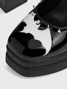 Sugerpunk Women Shoes Fashionable And Sexy Platform High-Heeled Shoes, Punk Gothic Solid Color Rivet Inlay Design, Bat Embroidery, Classic Party, Vacation Fall Shoes - Matte Black - View 10