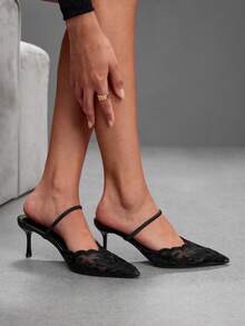 CUCCOO SZL Women's Black Floral Lace Wavy Edge Glitter Strap Pointed Toe Stiletto Heel Mule Slippers Fall Shoes - Black - View 2