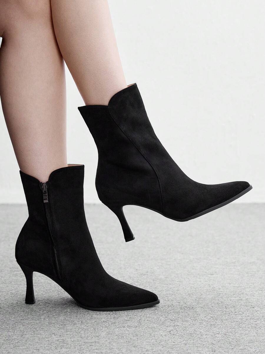 CUCCOO BIZCHIC Women's V-Notch Boots With Slim Heels And High Heels, Commuting Suede Short Boots, Versatile For Daily Use - Black - View 1
