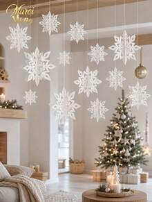 Muroi Mono 3D Paper Snowflake String Pendant - Christmas Decorations For Home, Room, And Shopping Mall Window - Hanging Snowflake Charm With Delicate Design - White three-dimensional snowflake pendant cover - View 4