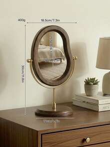 1Pc Asymmetrical Wavy Wooden Tabletop Makeup Mirror, Dark Brown Frame 360° Rotatable Desk Vanity Mirror, Gold/Black Metal Bracket Desktop Cosmetic Mirror For Bedroom Dresser Decor - Multicolor - View 11
