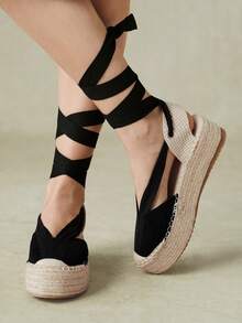 Styleloop Women's New Hemp Rope Woven Wedge Heel & Platform Shoes Bohemian Western Style Music Festival Wear Party Wear Platform Shoes Fall Shoes - Black 1 - View 1