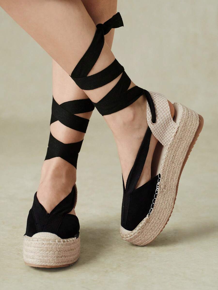 Styleloop Women's New Hemp Rope Woven Wedge Heel & Platform Shoes Bohemian Western Style Music Festival Wear Party Wear Platform Shoes Fall Shoes - Black 1 - View 1
