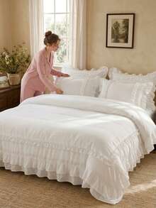 Cirelle 3pcs White Ruffled Duvet Cover Set , Ultra Soft Polyester Princess Style Bedding Set, Breathable Aesthetic Cream Duvet Cover With 1/2 Shams (No Insert) - White - View 1