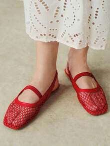 Styleloop Outdoor Women's Square Toe Flat Bottom Mesh Fabric Fabric, Simple And Breathable Vacation Elastic Buckle Strap Fall Shoes - Red - View 8