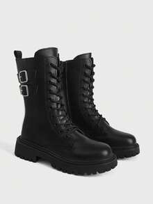Sugerpunk Dark Rock Punk Goth Boots Lace-Up Rider Boots Low Heel Side Zipper Motorcycle Boots Ladies Boots And Boots Fall Shoes - Black/Medium Cylinder - View 3
