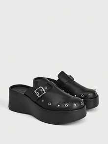 Sugerpunk Retro Rivet Heel Mules Shoes Women's, Back Sole Slip-On Punk Style Versatile Outdoor Cool Slippers, Summer Wear Fall Shoes - Black - View 3
