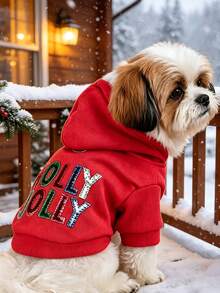 1件裝聖誕寵物連帽衛衣，薑餅屋馴鹿 JOY & Holly Jolly 亮片刺繡狗咪衛衣，保暖抓地設計小狗貓咪衣服 - holly - 查看 6