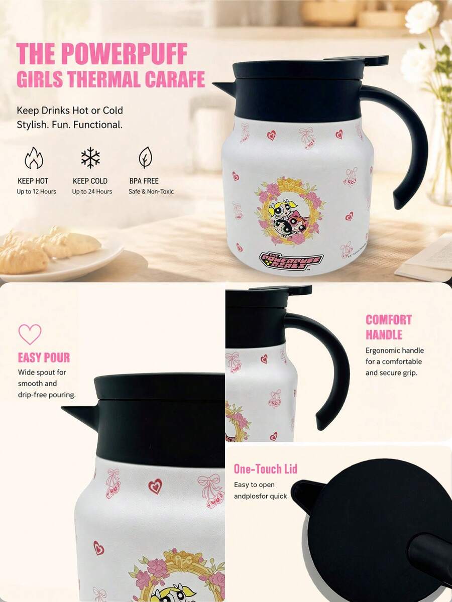 THE POWERPUFF GIRLS X SHEIN 1個 800ml/1000ml 304不鏽鋼長效保溫保冷 防塵蓋 防滑底輕量可重複使用 粉色愛心角色圖案保溫水壺 通勤徒步野餐日常通用熱門補水杯 - 彩色 - 查看 1