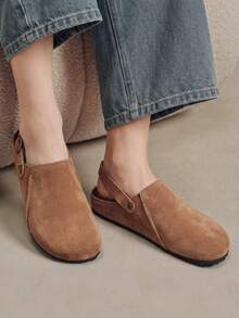 Solecia Autumn And Winter New Elegant Imitation Suede, Round Toe, Back Lift Buckle Design, Slip-On Off The Heel, Women's Flat Shoes Fall Shoes - Brown fleece - View 4
