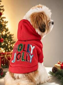 1件裝聖誕寵物連帽衛衣，薑餅屋馴鹿 JOY & Holly Jolly 亮片刺繡狗咪衛衣，保暖抓地設計小狗貓咪衣服 - holly - 查看 2
