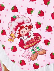 Strawberry Shortcake X SHEIN 1pc Cute Ruffled Strawberry Print Half Apron, Suitable For Cooking And Baking, Creative Gift - Pink - View 7