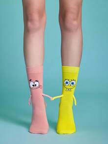 SpongeBob SquarePants | SHEIN 2雙可愛圖案女款筒襪，磁吸手襪，適合情人節禮物，情人節 - 混色 - 查看 4