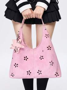ROMWE Ladies Shoulder Bag, Y2K Sweet And Cool Spice Girl Star Hardware, Hollow Flower Pattern Design Hobo Bag, Suitable For Daily Commuting, Shopping Fashio - Pink - View 5