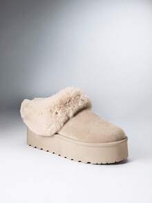 SHEIN Solezae 女款厚底雪地靴 冬季保暖毛絨飾邊一腳蹬短靴 - 淺駝色 - 查看 8