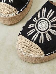 Styleloop أحذية نسائية بقاع مسطح وأصبع مستدير مع حزام مطرز وحزام كعب مفتوح، أحذية بأسلوب عطلة الشاطئ - الأسود - مشاهدة 8