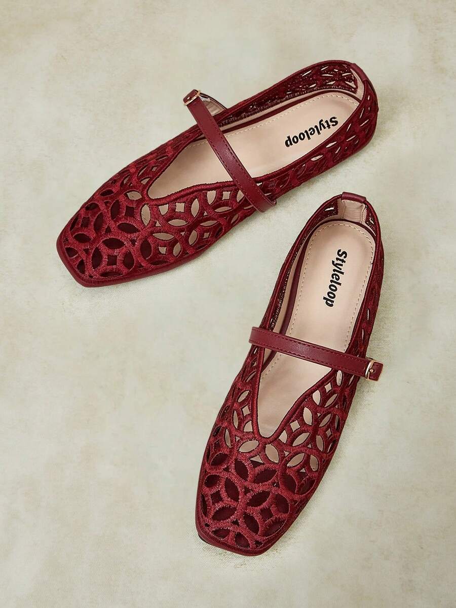 Styleloop Women's Multi-Color Hollow Carved Square Toe Mary Jane Shoes, Spring/Summer Style, Suitable For Commuting, Outdoor And Daily Wear Fall Shoes - Burgundy A - View 1