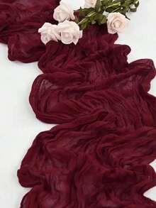 1pc Bali Style Pink Pleated Table Runner, Bohemian Twisted Gauze Polyester Blend Fabric, Versatile Christmas Wedding Birthday Party Table Decoration - Burgundy - View 9
