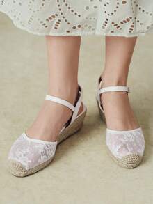 Styleloop 春夏休閒麻繩底米色蕾絲網眼踝帶女款斜跟厚底涼鞋，適合日常通勤、簡單度假旅行、田園風 - 白色 - 查看 9