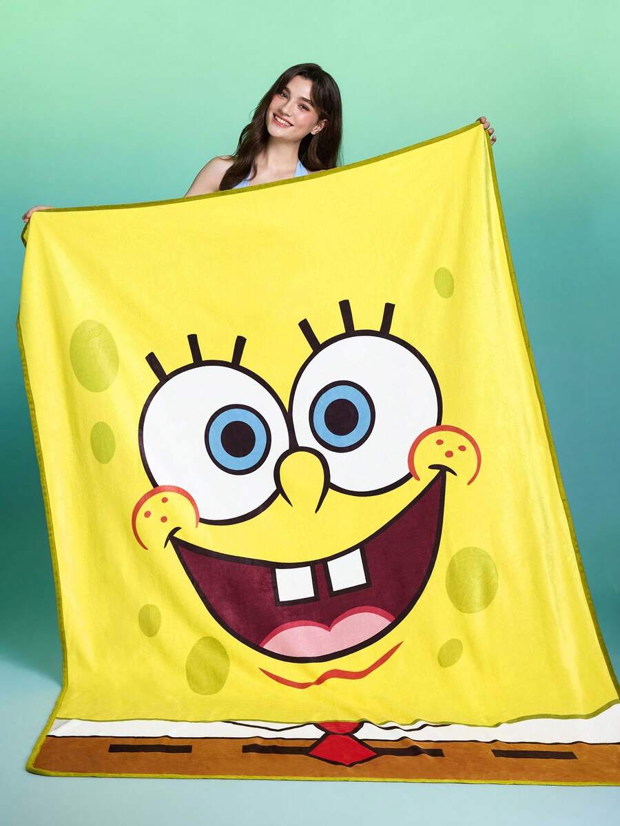SpongeBob SquarePants | SHEIN 1件可愛黃色海綿印花厚毯,柔軟保暖,不掉毛,多種尺寸,適用於沙發、床鋪、午睡 - 黃色 - 查看 1