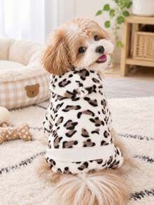 Pet Dog Cat Hooded Four Leg Jumpsuit, White Leopard Print Plush Puppy Outfit, Warm Winter Clothes For Small Pets XS-XL - Light leopard print - View 7