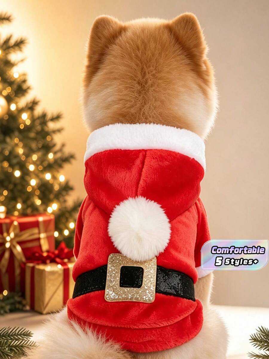 1Pc Pet Christmas Hooded Costume, Gingerbread Man & Santa Claus Design, Soft Plush Dog Cat Outfit For Small Pets Xmas Party Dress‑Up - Santa Claus - View 1