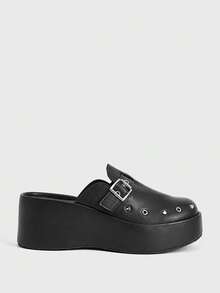 Sugerpunk Retro Rivet Heel Mules Shoes Women's, Back Sole Slip-On Punk Style Versatile Outdoor Cool Slippers, Summer Wear Fall Shoes - Black - View 6