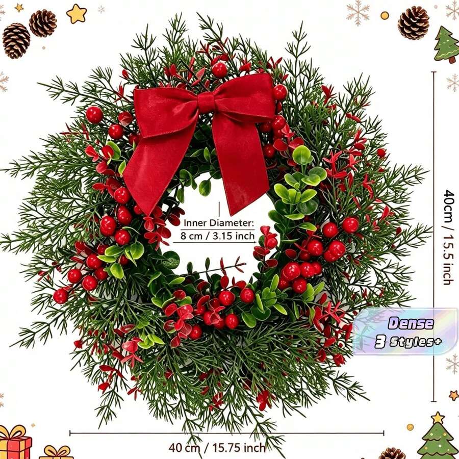 Christmas Berry Wreath Artificial Xmas Wreath Holly Berry Door Garland Green Leaves Festival Decor For Front Door - various - View 1