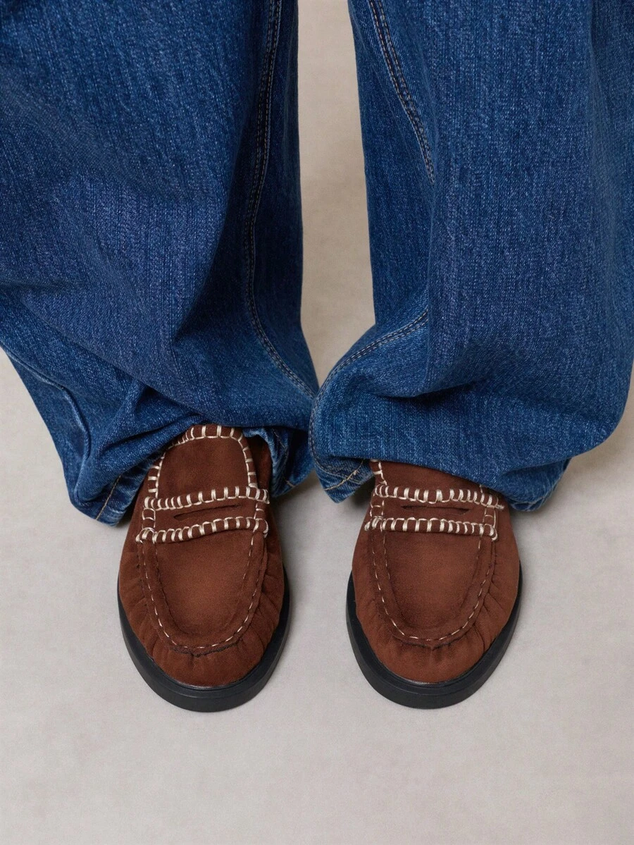 Nöista Classic Penny Loafer In Soft Faux Suede With Contrast Stitching, Apron Toe And Flexible Sole For Everyday Comfort. - Brown - View 1